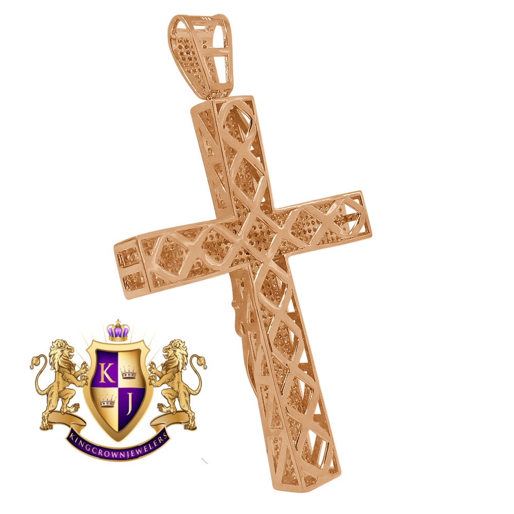 Big XL 4.25'' Custom Piece AAA+ Cubic Zirconia Rose Gold Tone Jesus Crucifix Cross Charm Pendent