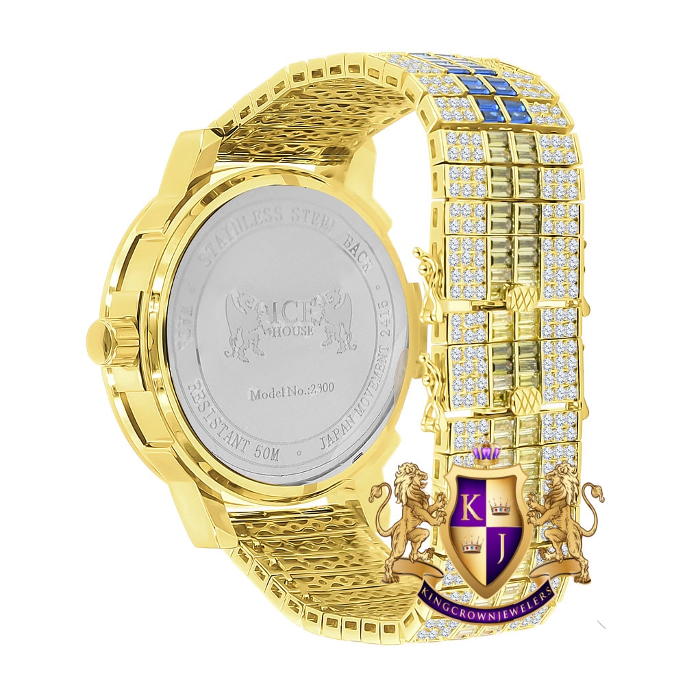 Multi Rainbow Yellow Gold Tone Solid Steel Stainless Baguette Bezel Simulated Diamond Adjustable Band Watch W/Date
