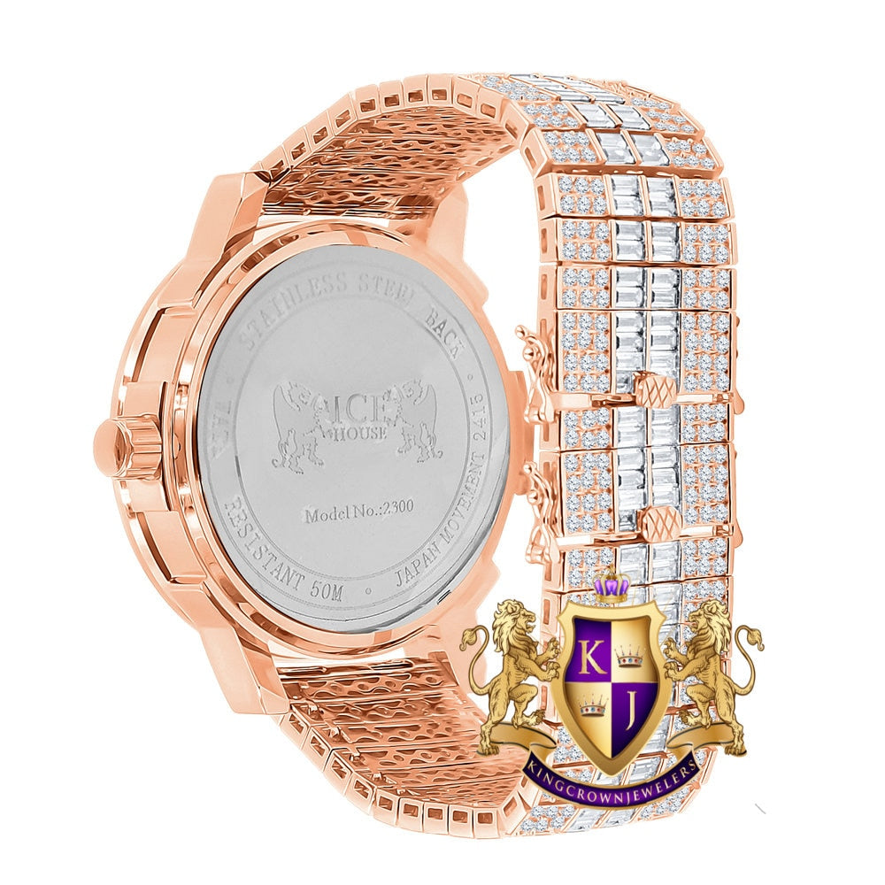 Pink Dial 14K Rose Gold Finish Solid Steel Baguette-Steel Bezel Simulated Diamond Adjustable Band Men's Watch W/Date