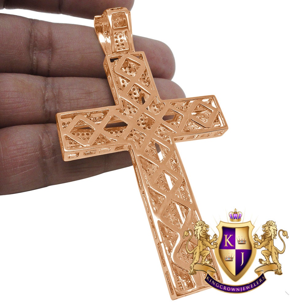 High Quality AAA+ Cubic Zirconia Rose Gold Copper Tone Jesus Cross Pendent Charm XL Big 3.5''