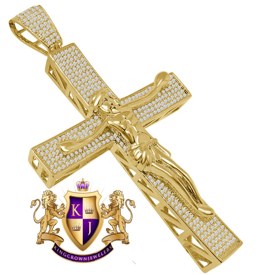 Big XL 4.25'' Custom Piece AAA+ Cubic Zirconia Yellow Gold Tone Jesus Crucifix Cross Charm Pendent