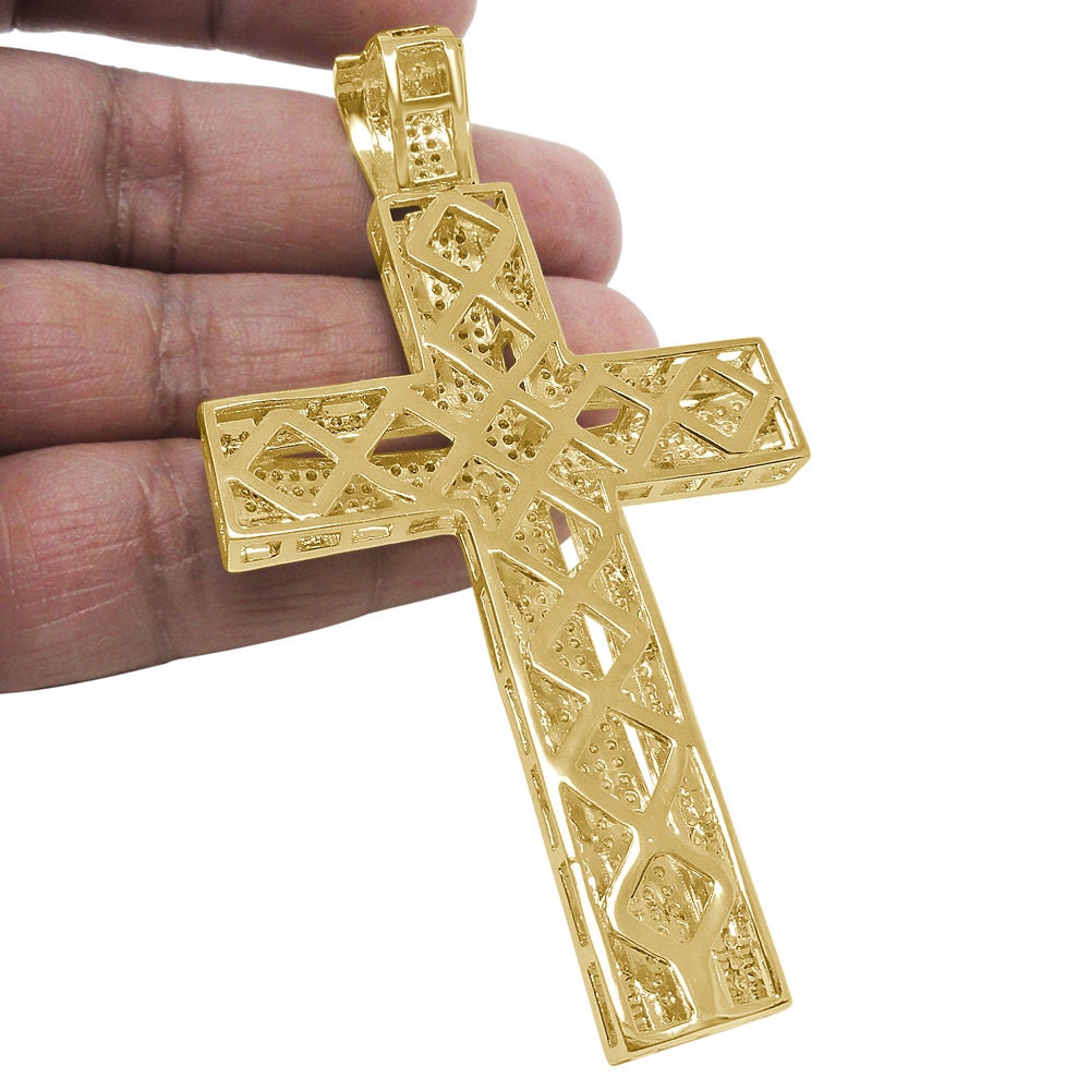 High Quality AAA+ Canary Cubic Zirconia Yellow Gold Finish Jesus Cross Pendent Charm XL Big 3.5''