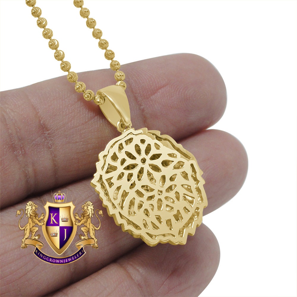 Men's 14K Gold Finish Simulated Diamond Lion Head Mini Charm Pendent Chain Set