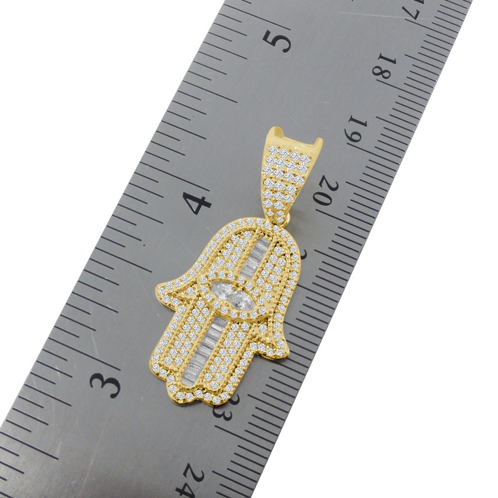 Unisex 14K Gold Finish Simulated Diamond Hamsa Hand Jewish Religious Charm Mini Pendent Chain Set