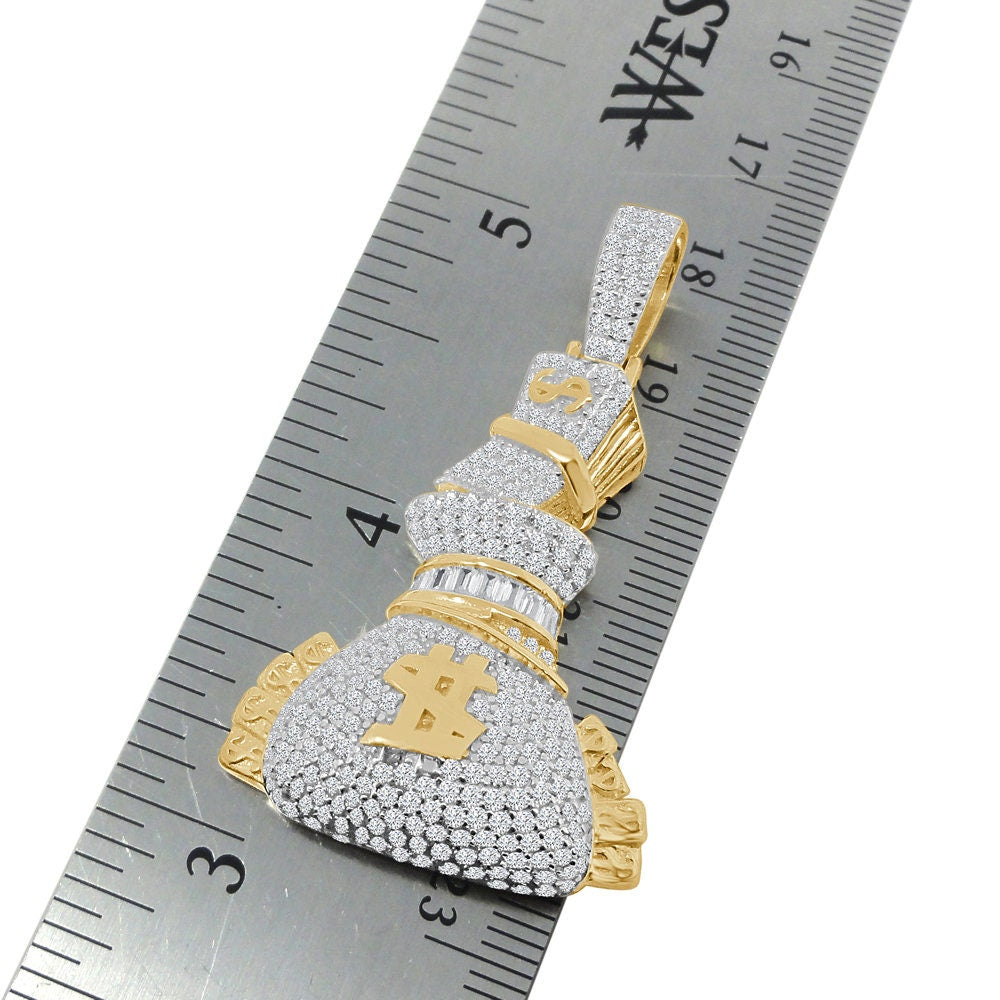 Men's 14K Gold Over Simulated Diamond Money Bag 100 Dollar Stacks Pendant Charm Rope Chain Set