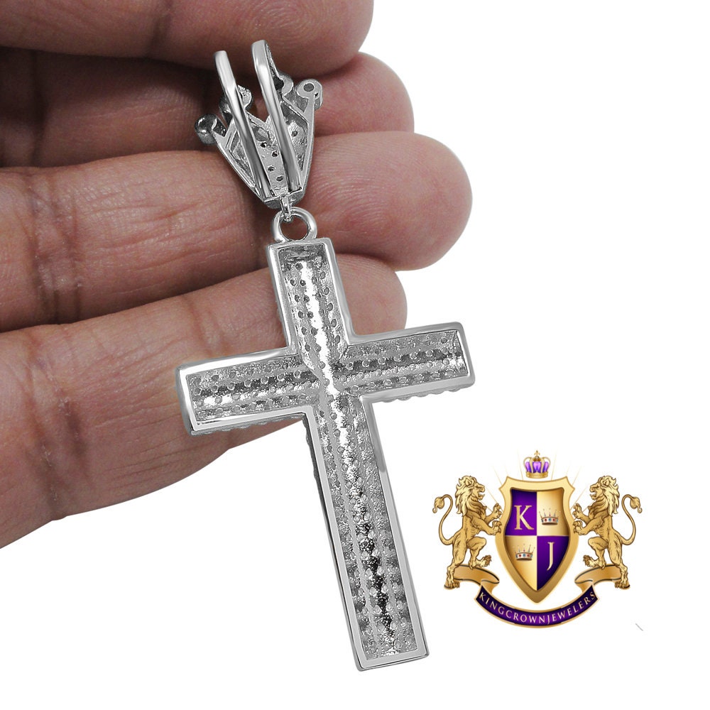 Real White Gold On Genuine Sterling Silver Simulated Diamond Jesus Cross Crown Pendent Charm 2.5''