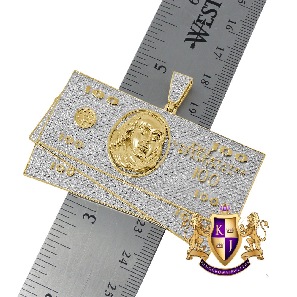 Men's Real Genuine Authentic Diamonds 10K Gold Finish 100 Dollar Cash Money Stack's Custom Pendant Charm