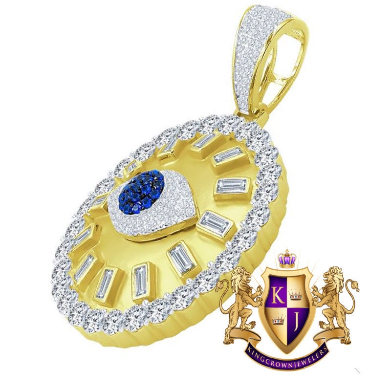 Baguette 14K Gold On Real Italian Sterling Silver Simulated Diamond Evil Eye Custom Pendent Charm Medallion 2''