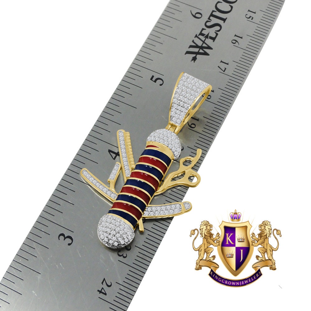 Unisex Real Sterling Silver Barber Pole Pendant 14k Gold Finish Simulated Diamond Charm + Chain
