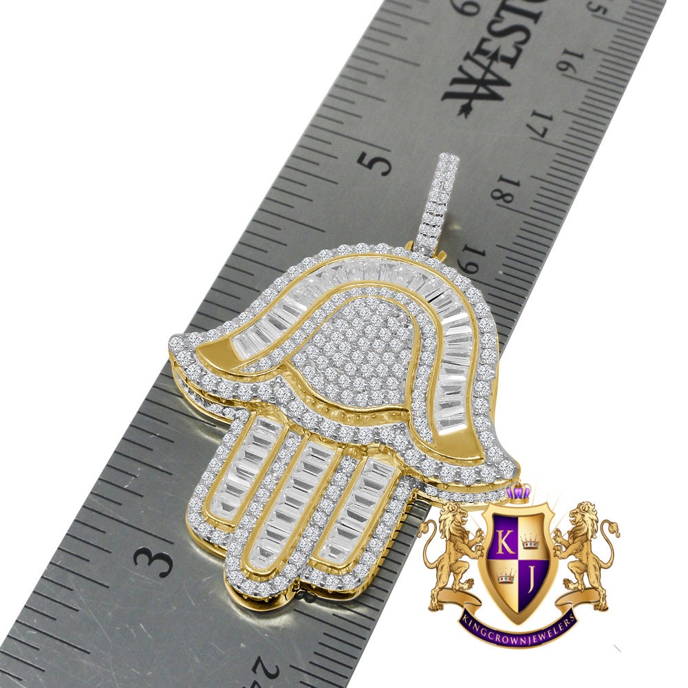 Baguette Real Genuine Sterling Silver Gold Finish Simulated Diamond Hamsa Hand Pendent Charm Chain Set