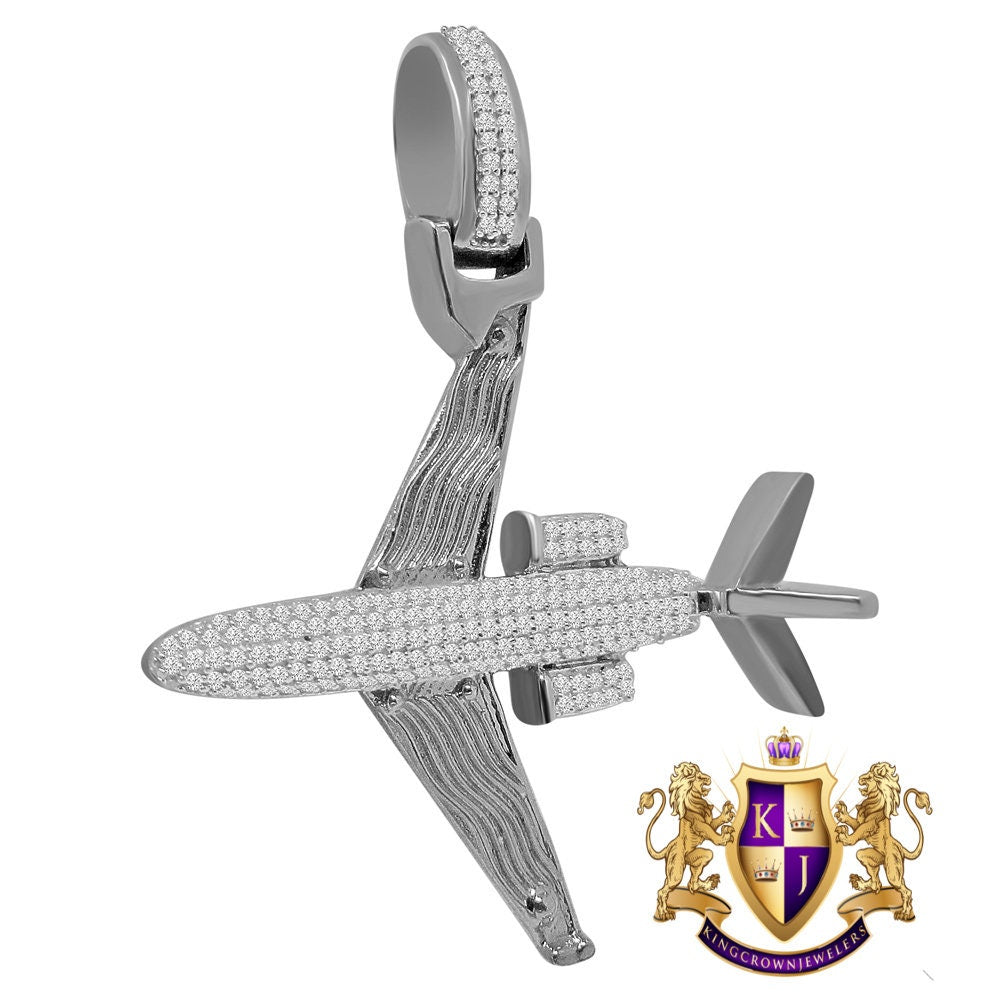 Men's 14K Gold Over Sterling Silver Pendant Airplane Pave Charm Simulated Diamond Pendant 2''