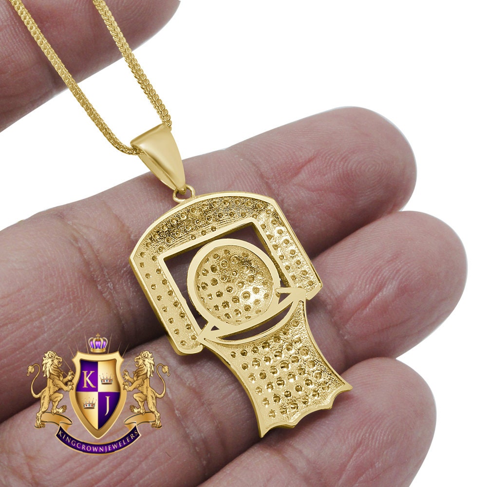 14K Gold Over Real Sterling Silver Simulated Diamond Mini Basketball Hoop Pendent Charm +Chain