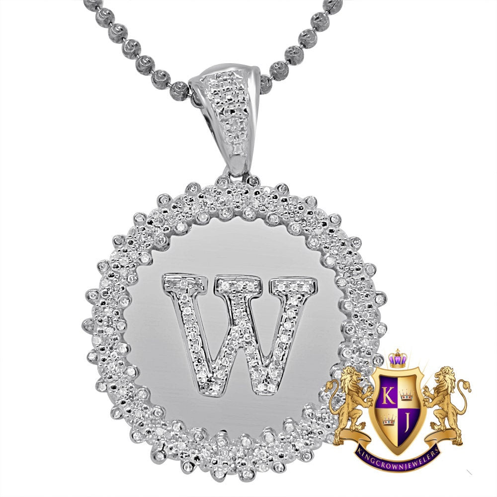 Real Genuine Authentic Diamond 0.85 Cwt. Initial Letter Alphabet 'W" Round Flower Pendant 10K Gold On Unisex Charm Chain Neckless Set 1.65''