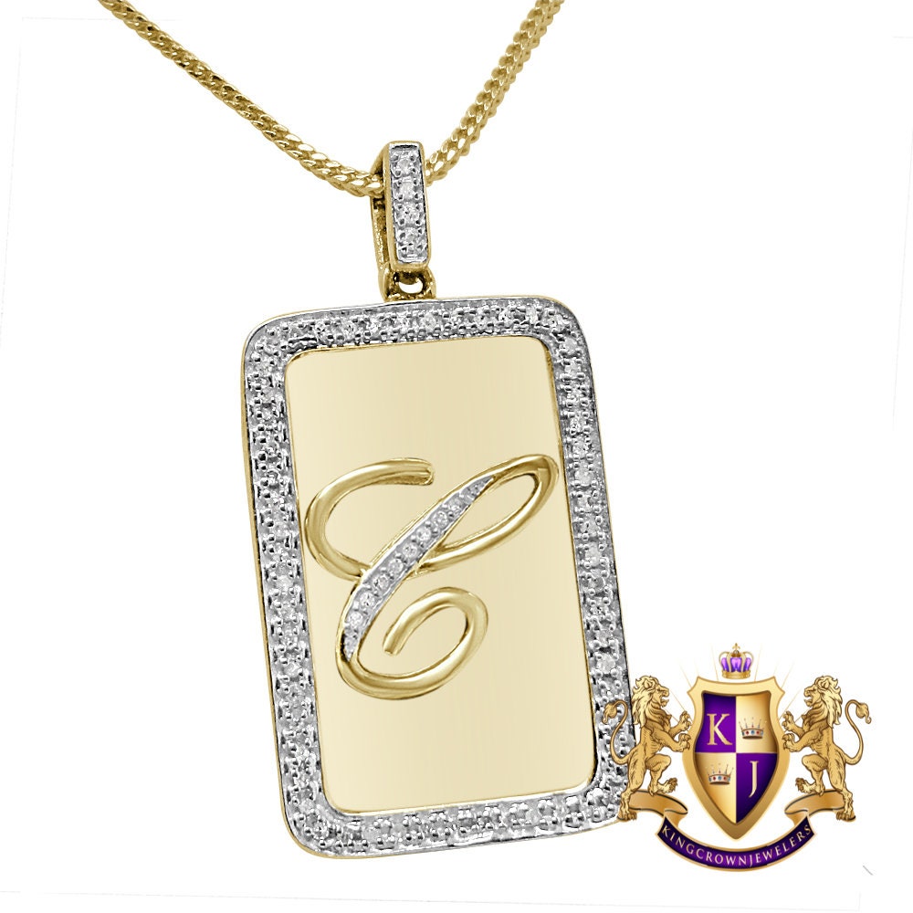 Real Genuine Authentic Natural Diamond Initial Letter Alphabet Dog Tag Unisex Pendant Charm Chain Neckless Set 10K Gold On Mini Small 1.25"