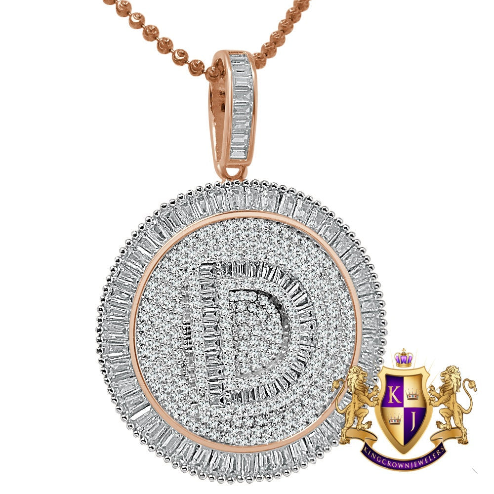 Baguette Real Sterling Silver Rose Gold Finish Simulated Diamond Initial Letter Alphabet Round Pendent Charm Chain Set