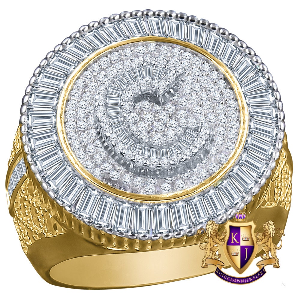 Men's Baguette Real Yellow Gold Sterling Silver Simulated Diamond Initial Letter Alphabet Ring Band (Adjustable 10 Up To 12 )