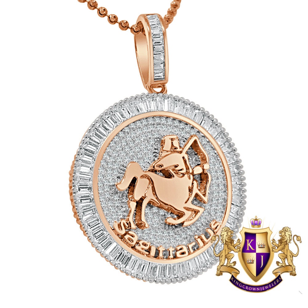 Real Genuine Sterling Silver 14K Rose Gold Over Zodiac Sign Astrology Horoscope Round Pendant 2.00 Cwt. Simulated Diamond Charm Chain Set
