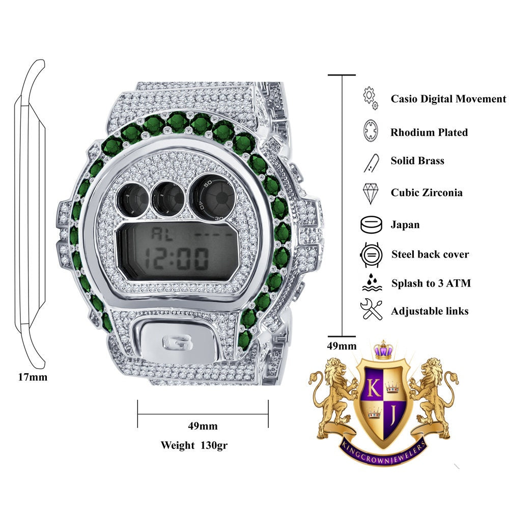Men's Exclusive Custom Time Piece Solitaire Green Emerald White Gold Finish Casio G Shock DW-6900 Watch
