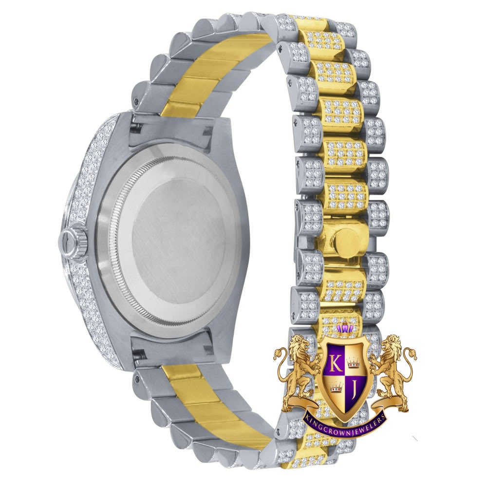 2 Tone Gold Full Steel Day/Date Roman Face Solitaire Bezel Iced Out Dial & Band Men's Diamond Watch 40mm - Crown
