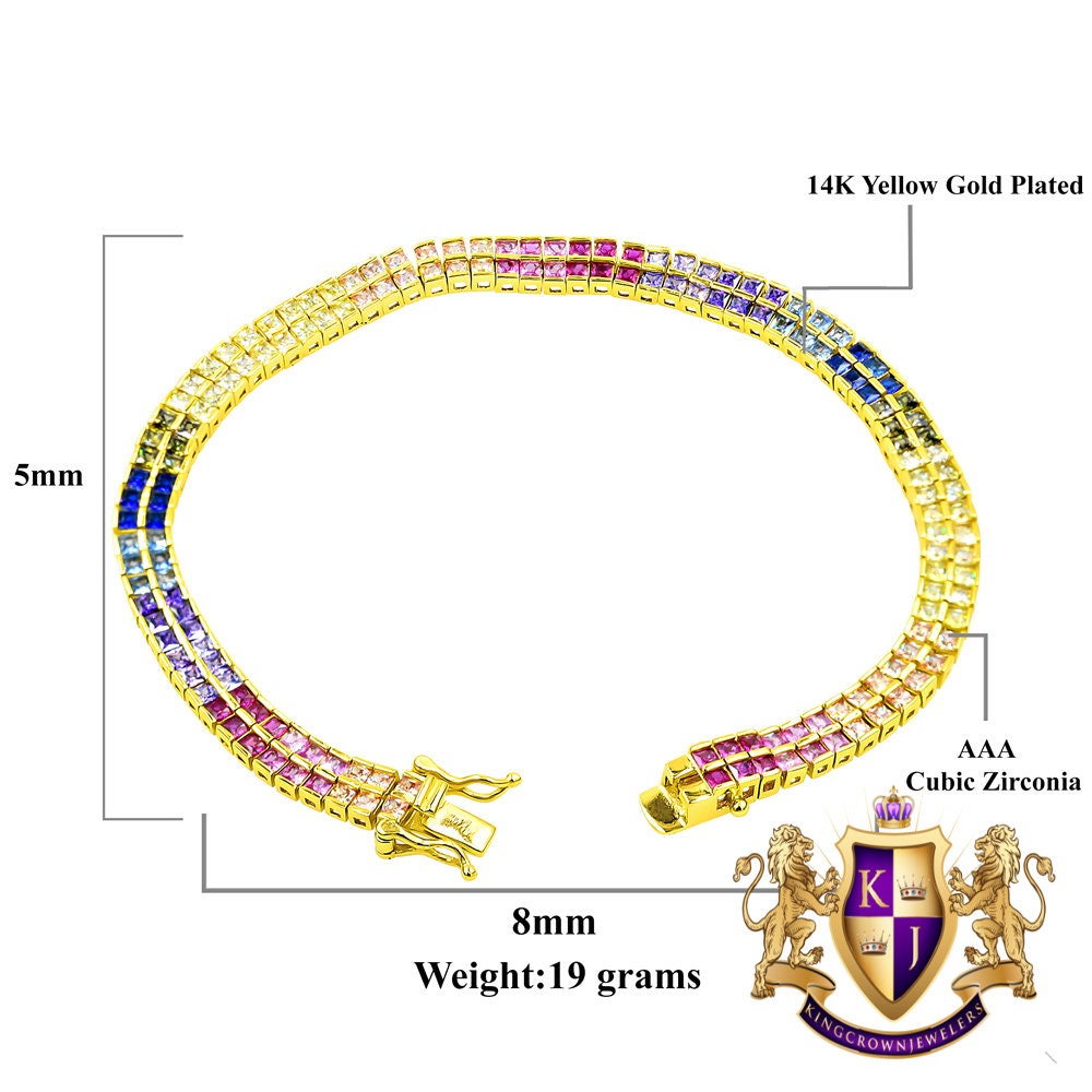 Real Genuine Sterling Silver Rainbow Multi Tone 14K Gold Over 8.00 Cwt. Baguette/Round Cut Simulated Diamond 2 Row Unisex Link Bracelet 6mm