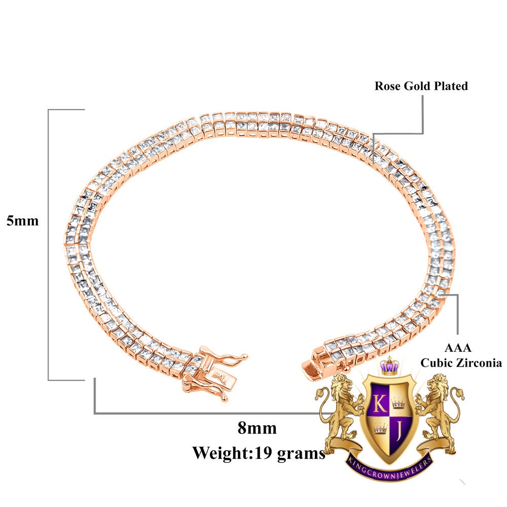 14K Rose Gold Over Real Genuine Sterling Silver Baguette 8 Cwt. Simulated Diamond 2 Row Unisex Link Bracelet 6mm