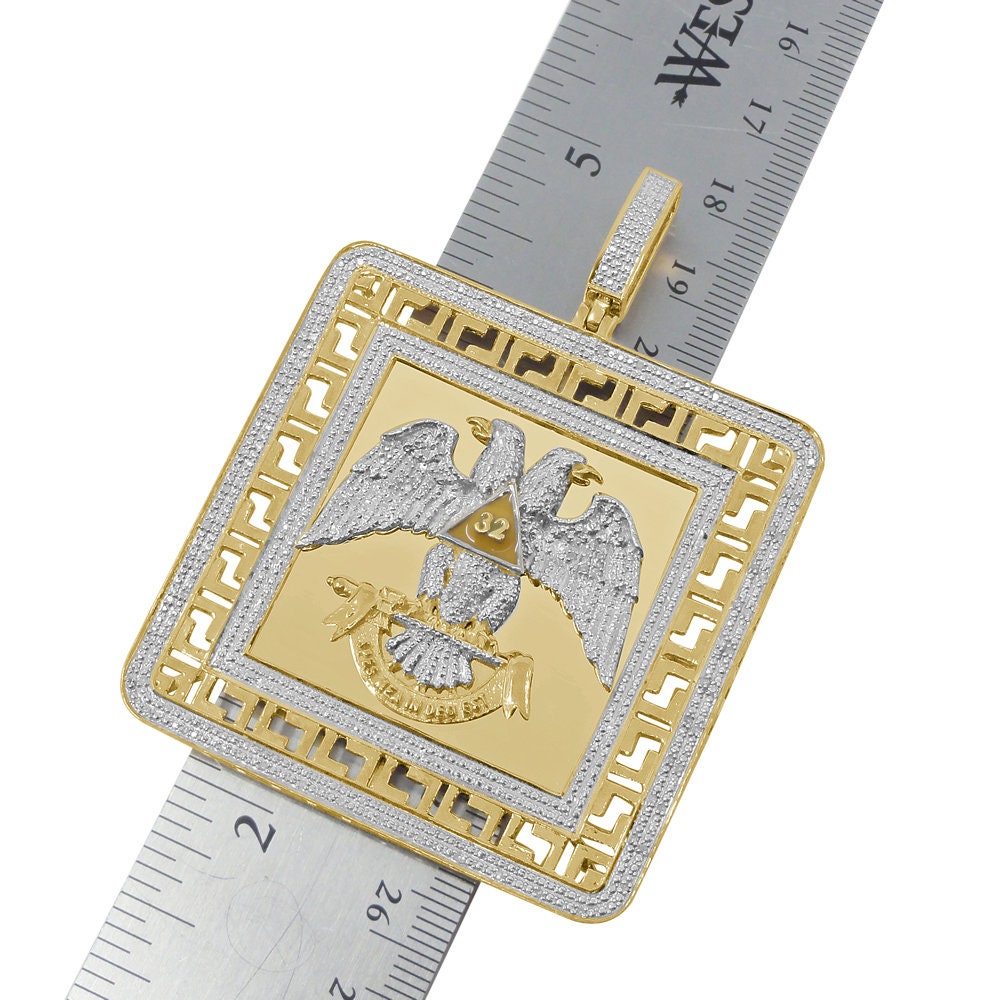 Men's Real Genuine Diamond Scottish Rite 32nd Degree Masonic Eagle Freemason Frame Style Pendent Charm 2.75''