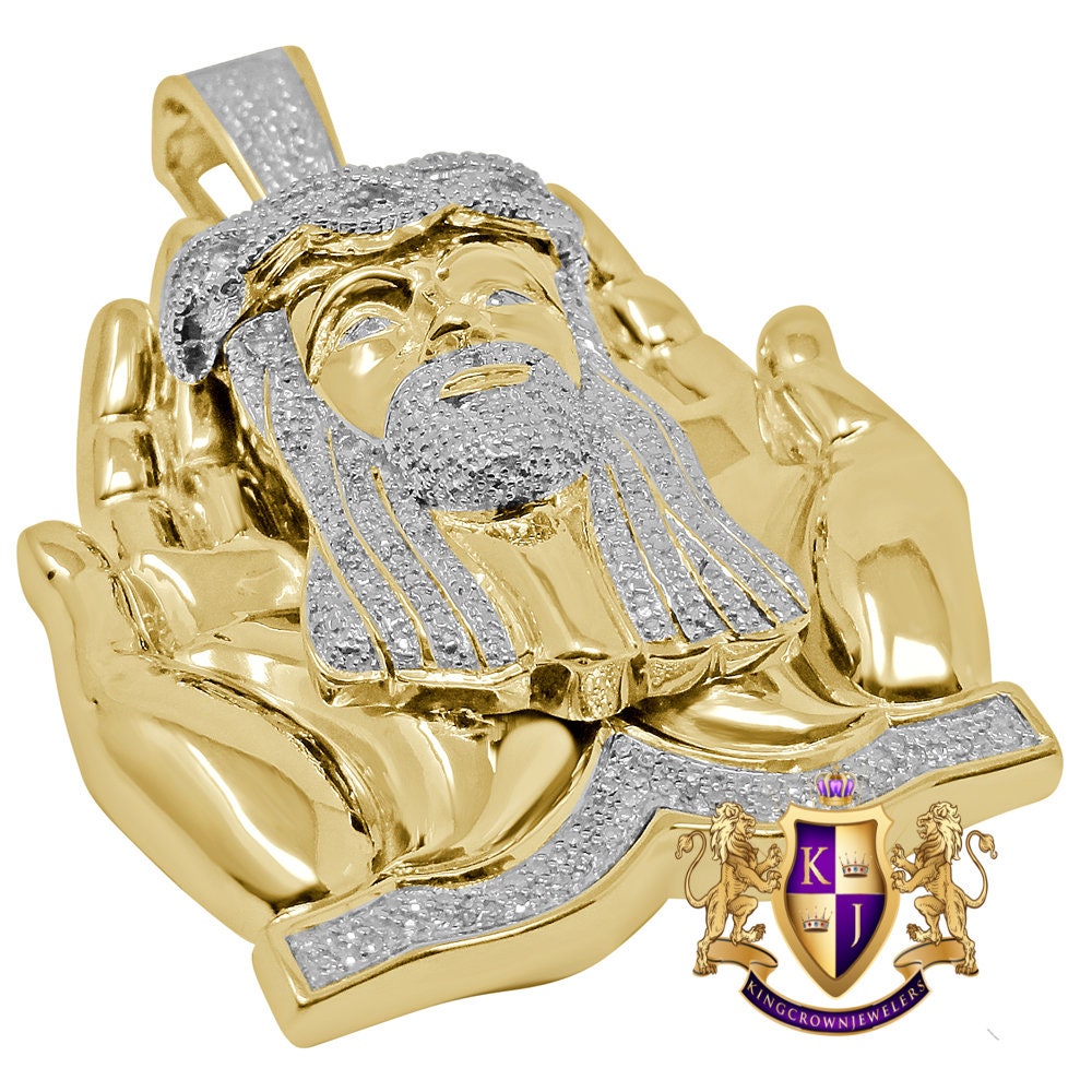 Real Genuine Diamond Praying Hands Jesus Face Piece Custom Pendent 10K Gold Finish Over Charm 32+ Grams