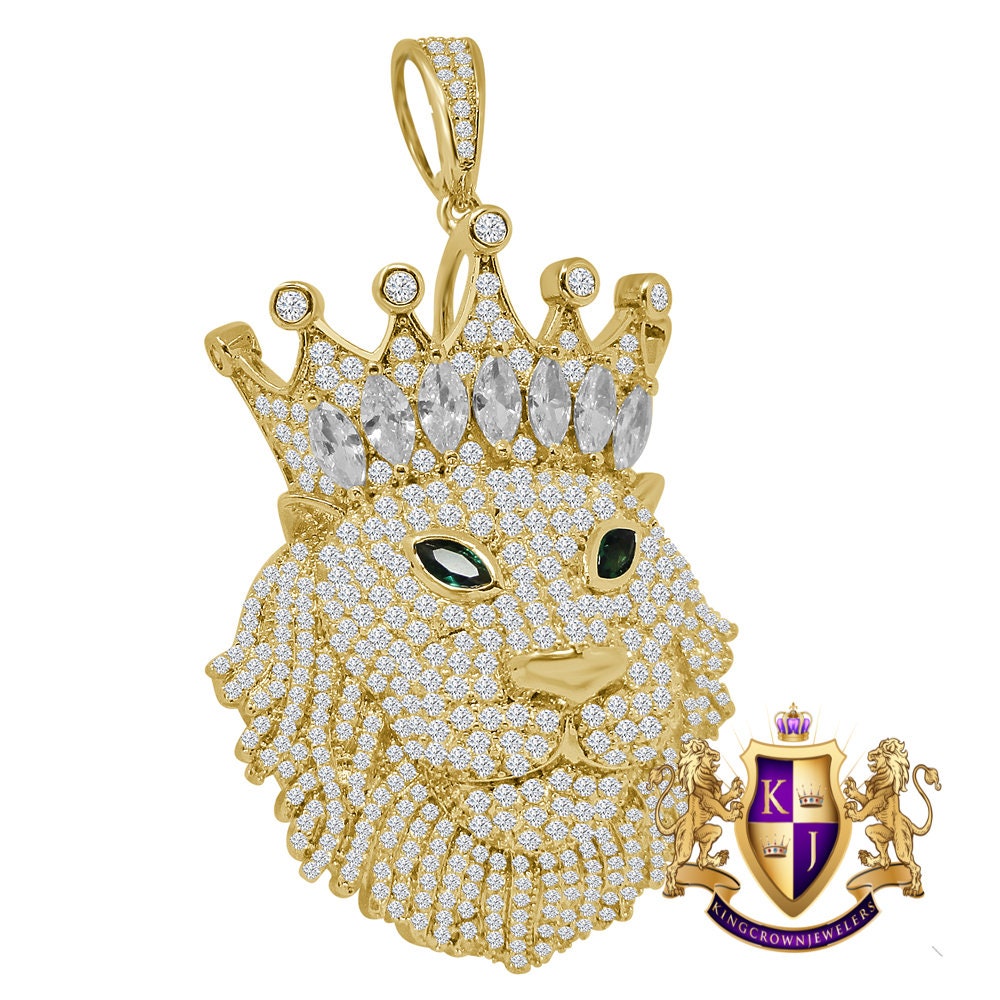 Men's Baguette Custom Piece Simulated Diamond Green Emerald Eye Lion Head Crown Face Pendent Charm 2.25''