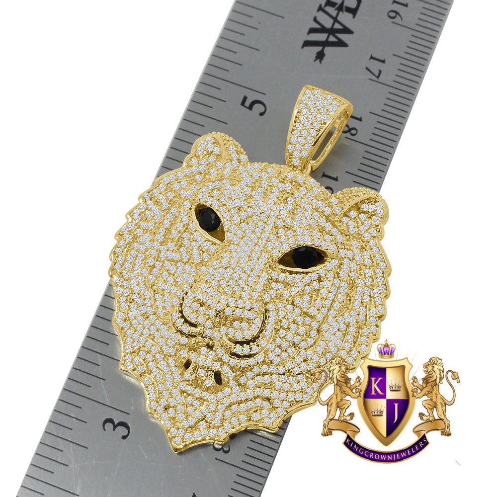 Men's Custom Piece Black Onyx Eye Lion Head 14K Gold Finish Simulated Diamonds Pave Pendent Charm