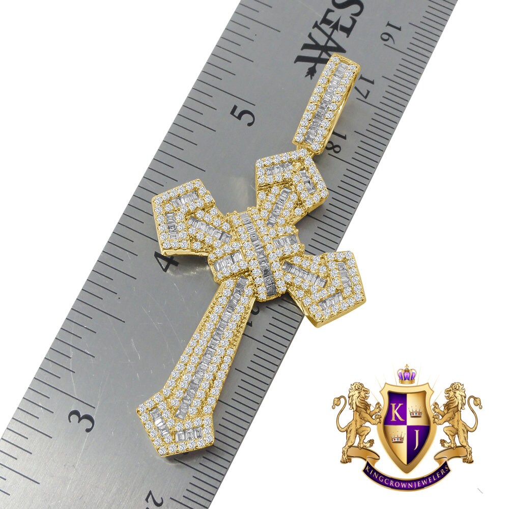 Genuine Sterling Silver Baguette Yellow Gold Finish Simulated Diamond Holy Jesus Cross Charm Pendent Chain Set 2.5''