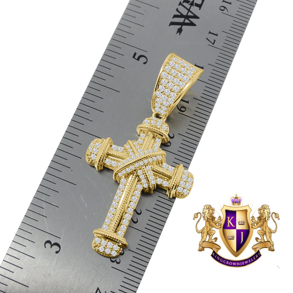 Real Genuine Sterling Silver 14K Gold Finish Simulated Diamond Holy Jesus Cross Charm Pendent Chain Set 2''