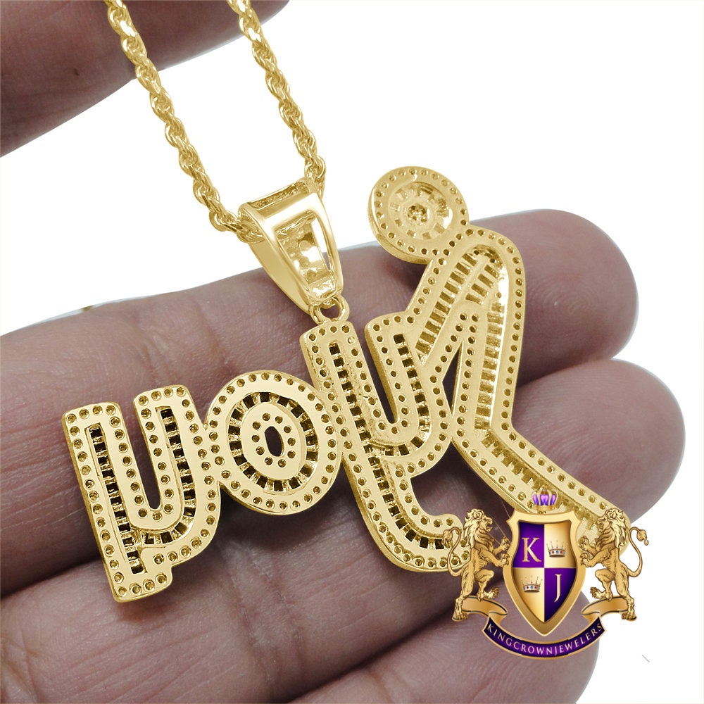 Baguette 14K Gold Finish Simulated Diamonds Men's Custom Designers Charm Pendent Chain Set