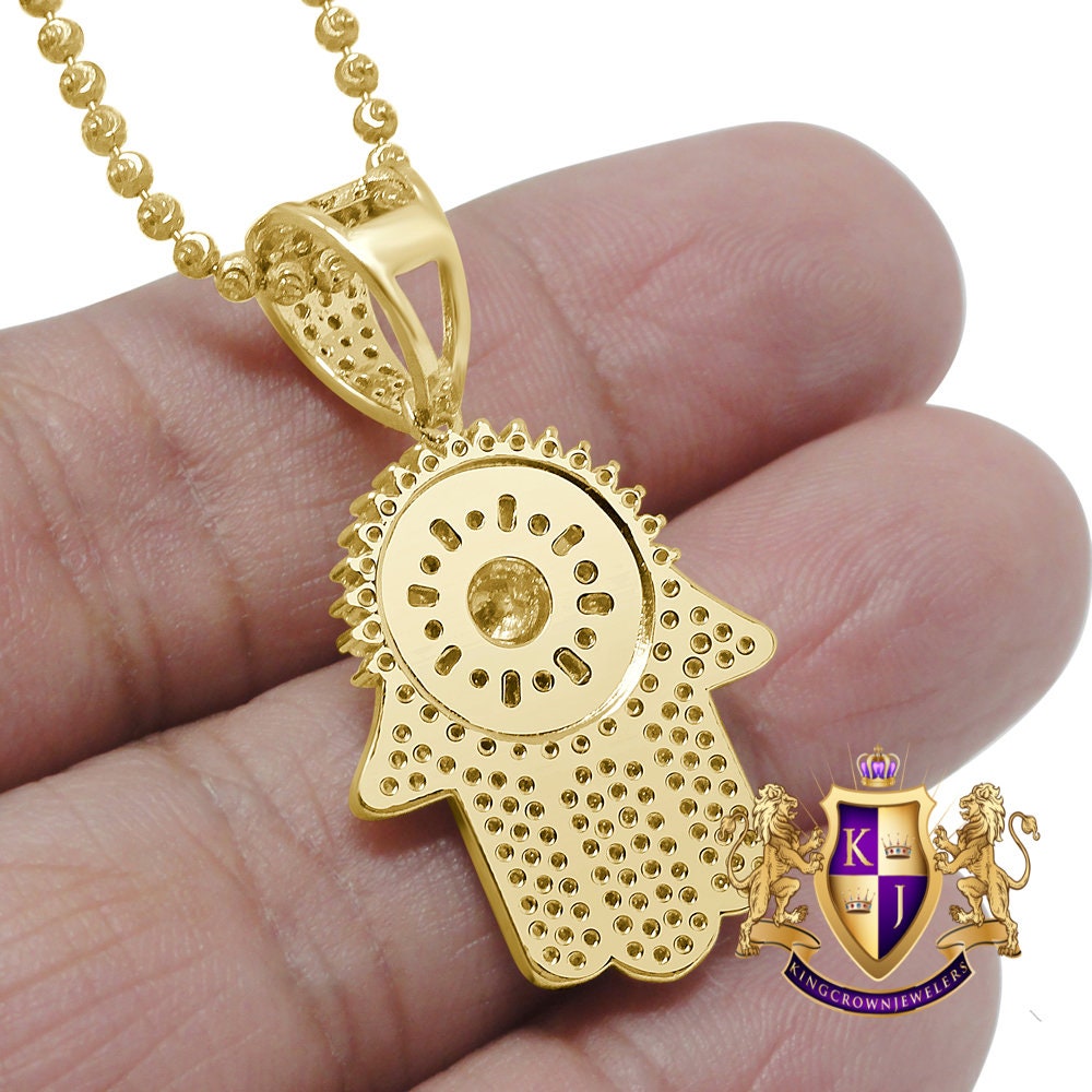 Men's 14K Gold Finish Simulated Diamond Hamsa Hand Jewish Religious Charm Mini Pendent Chain Set