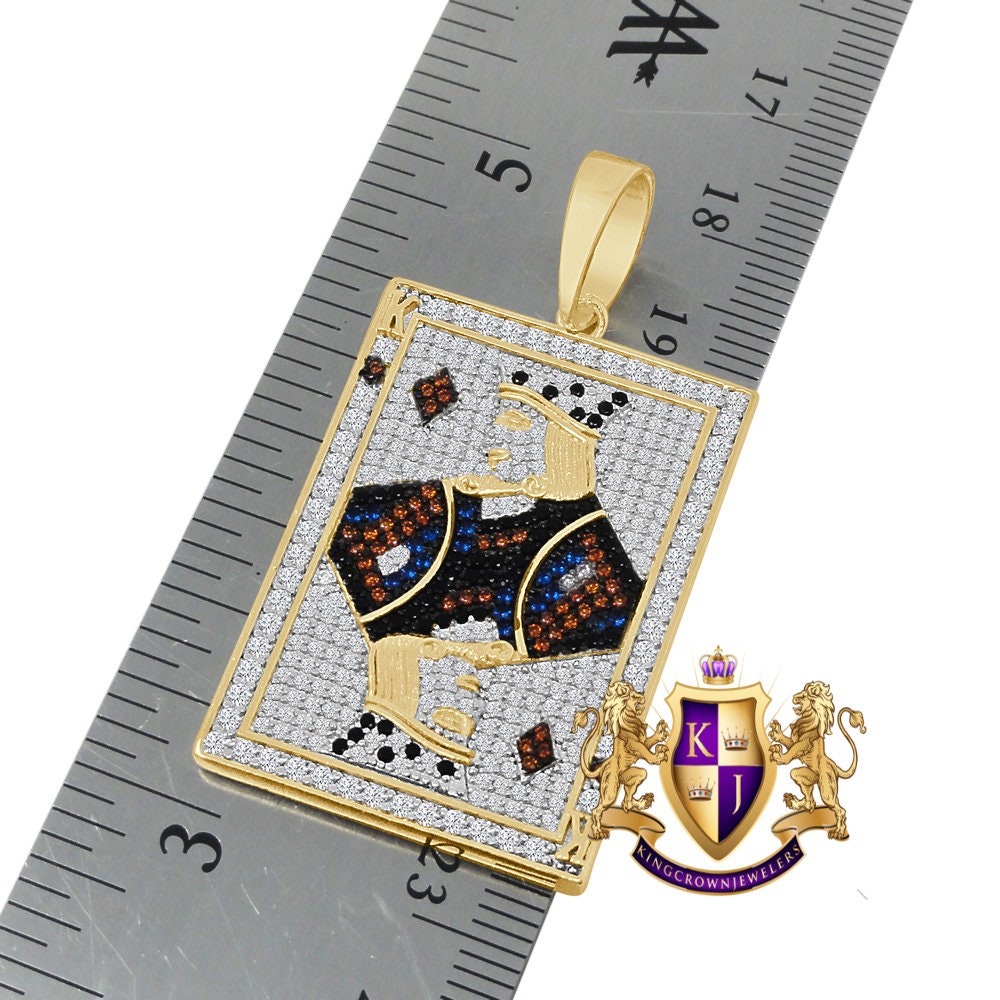Real Sterling Silver Men's 10K Yellow Gold Over Simulated Diamond King Card Poker Piece Pendant Charm + Free Chain