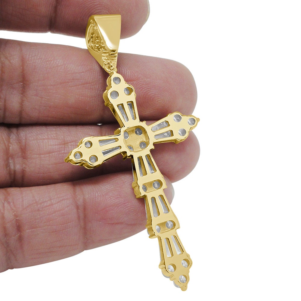 Baguette Real Genuine Sterling Silver 14K Gold Finish Simulated Diamonds Holy Jesus Cross Pendent Charm 2.75''