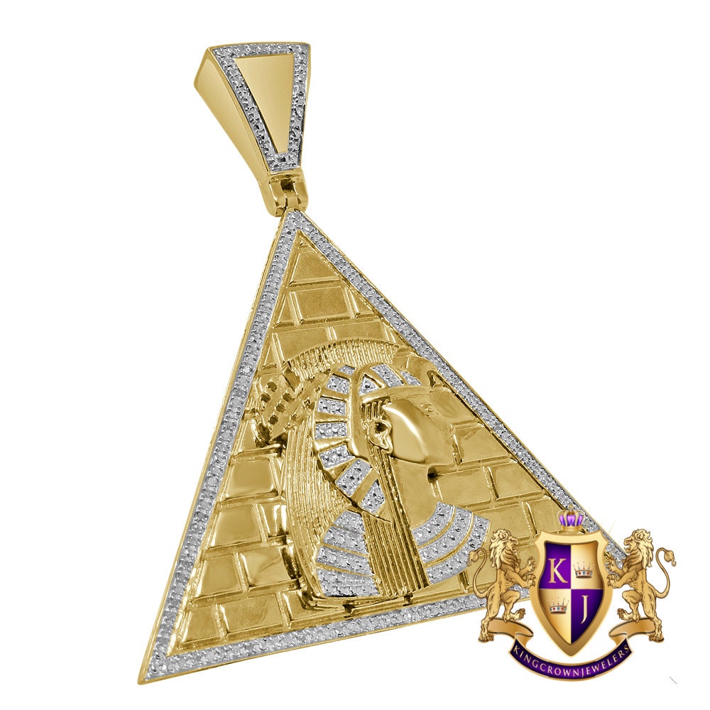 Real Genuine Diamond Egyptian Queen Nefertiti Pharaoh Pyramid Pendent Charm 10K Gold Finish Big 2.65''