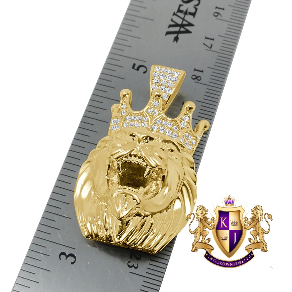 14K Gold Finish Simulated Diamond Lion King Head Men' Charm Crown Pendent + Chain