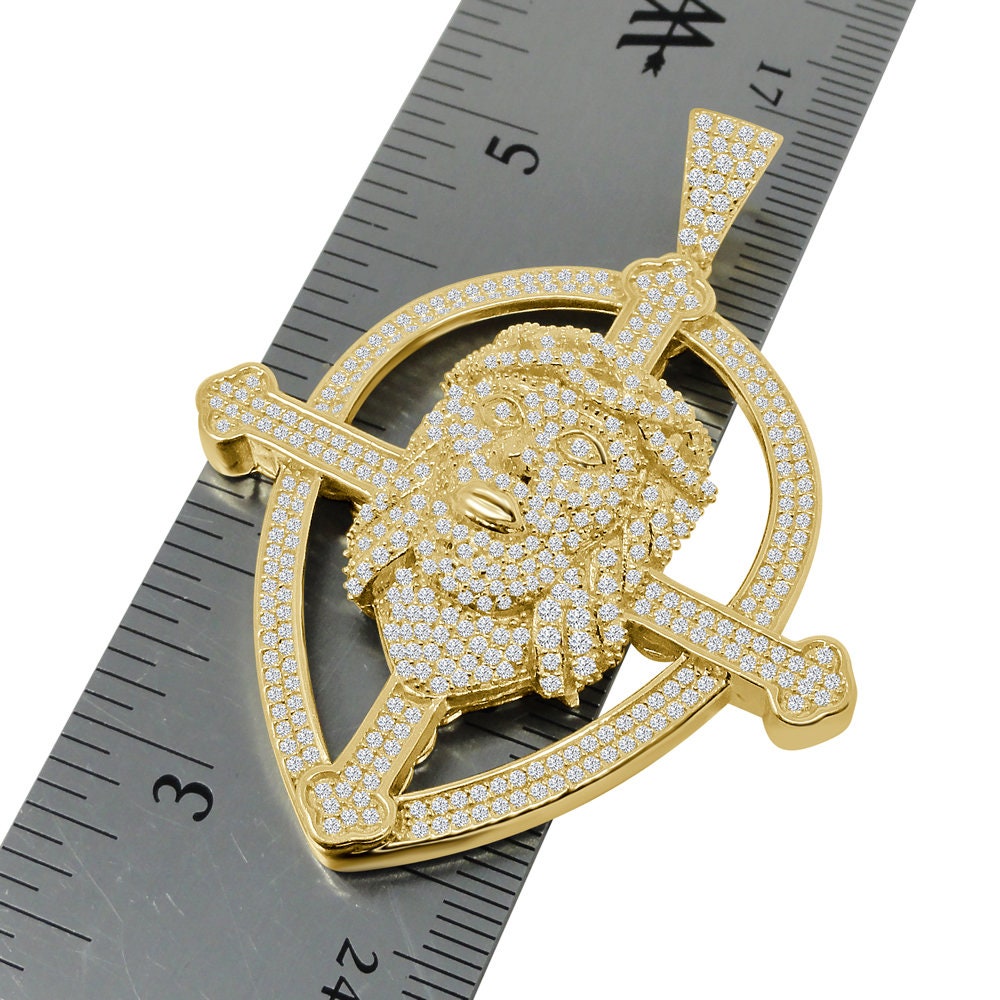 Men's Real Genuine Sterling Silver 14K Gold Finish Simulated Diamonds Jesus Piece Cross Charm Pendent 2.25''