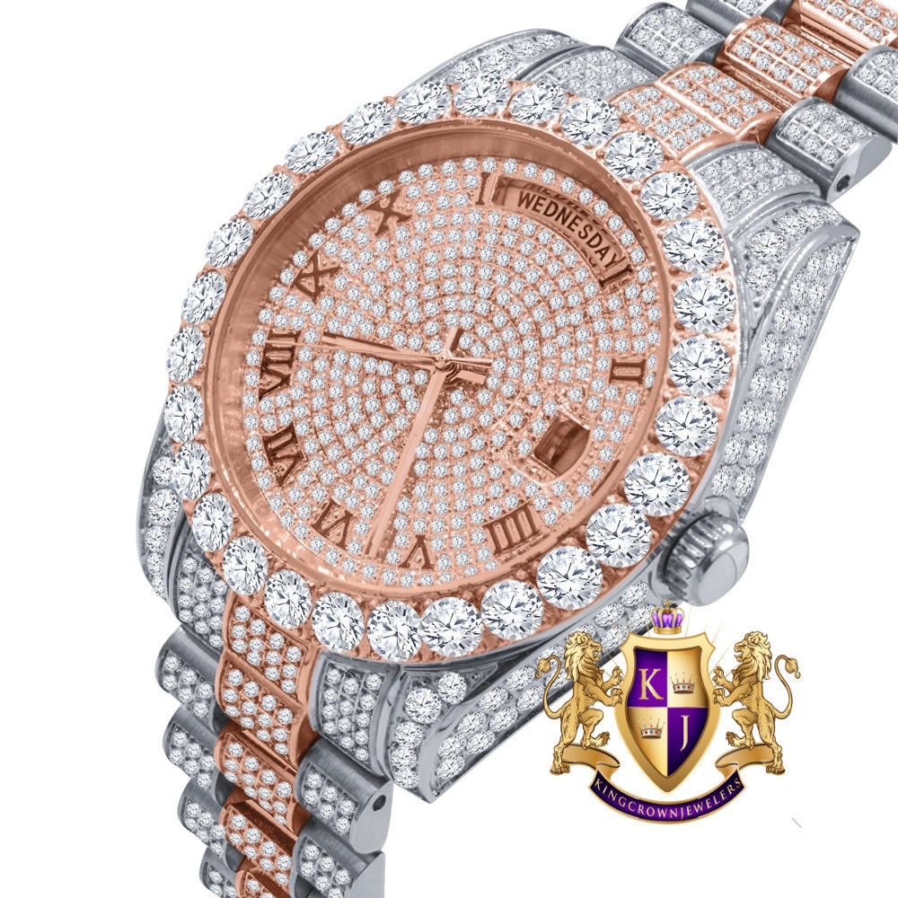 2 Tone Rose Gold Full Steel Day/Date Roman Face Solitaire Bezel Iced Out Dial & Band Men's Diamond Watch 40mm - Crown