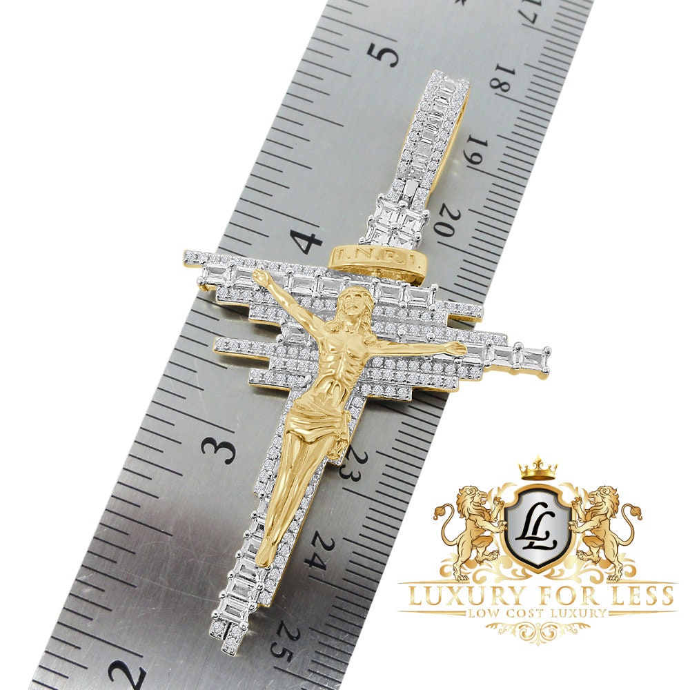 Baguette Real Genuine Sterling Silver Simulated Diamond 14K Gold Finish Jesus Crucifix Cross Charm Pendent + Chain 2.75''