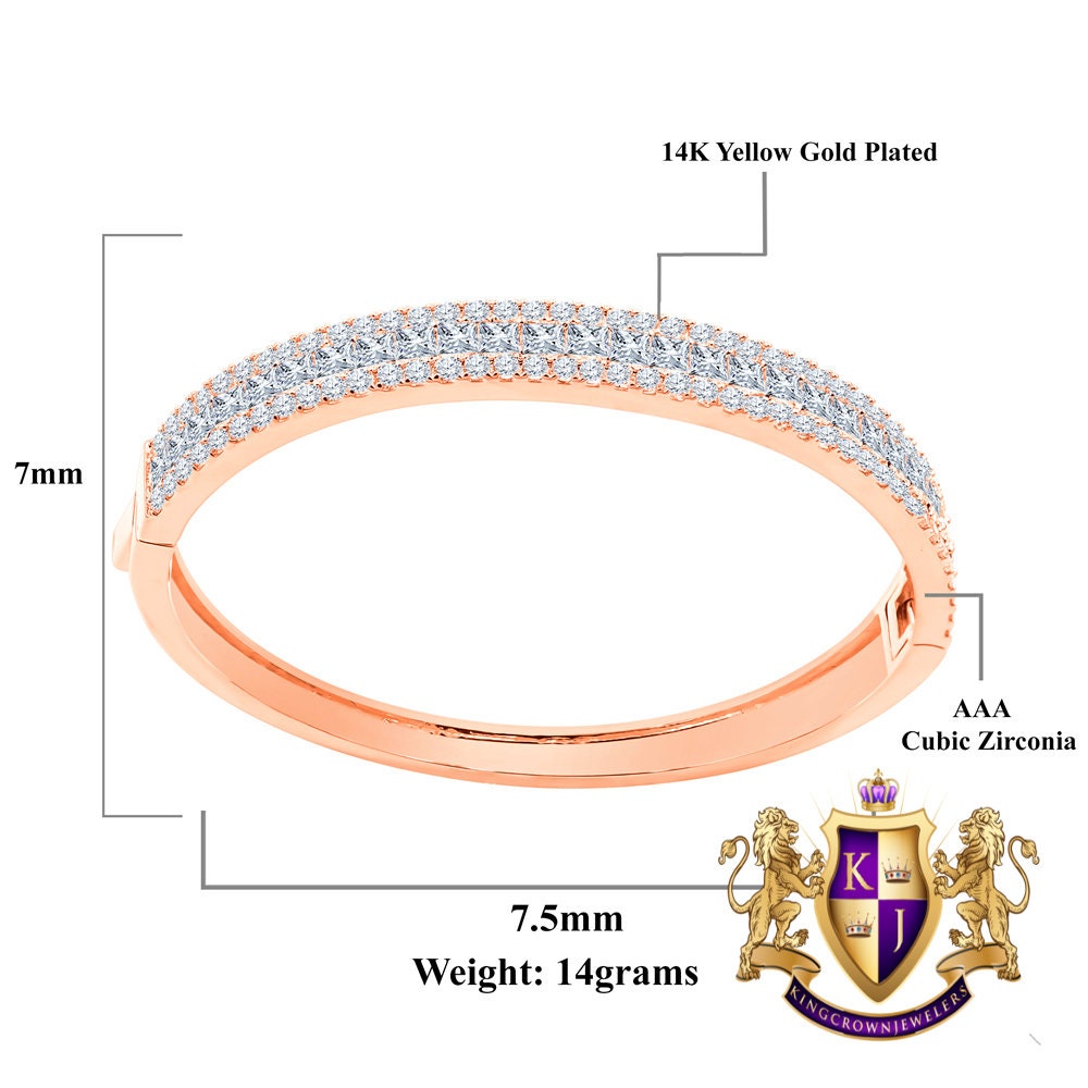 6.75CT Princess & Round Cut Diamond Real Genuine Sterling Silver Luxury Bangle Bracelet 14K Rose Gold Over