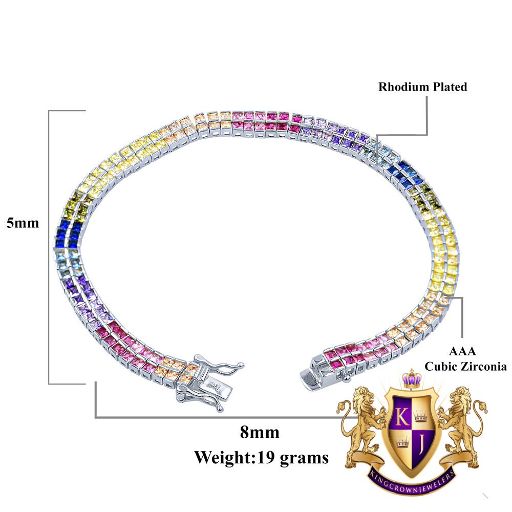 Real Genuine White Gold On Sterling Silver Baguette 8 Cwt. Rainbow Multi Tone 2 Row Unisex Link Bracelet 6mm