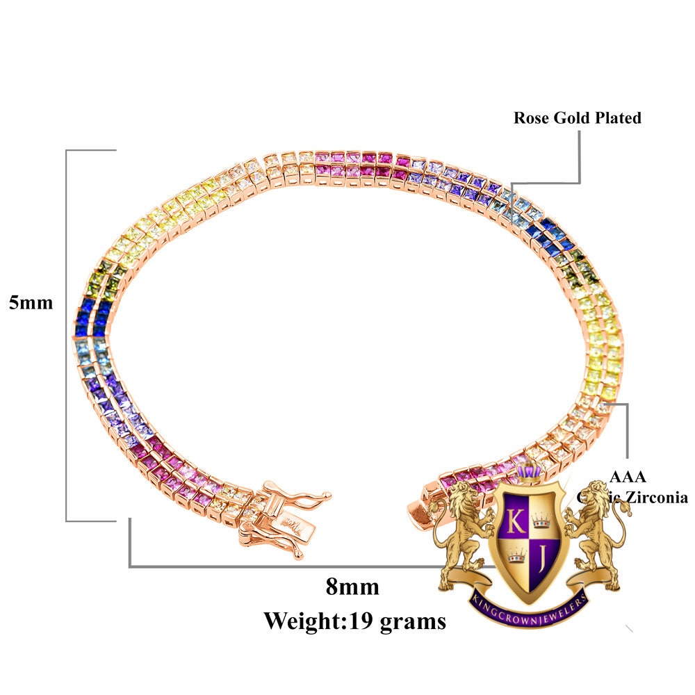 14K Rose Gold On Real Genuine Sterling Silver Baguette 8 Cwt. Rainbow Multi Tone 2 Row Unisex Link Bracelet 6mm