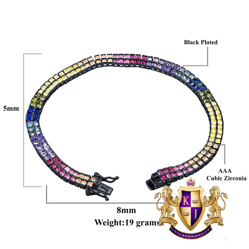14K Black Gold On Real Genuine Sterling Silver Baguette 8 Cwt. Rainbow Multi Tone 2 Row Unisex Link Bracelet 6mm