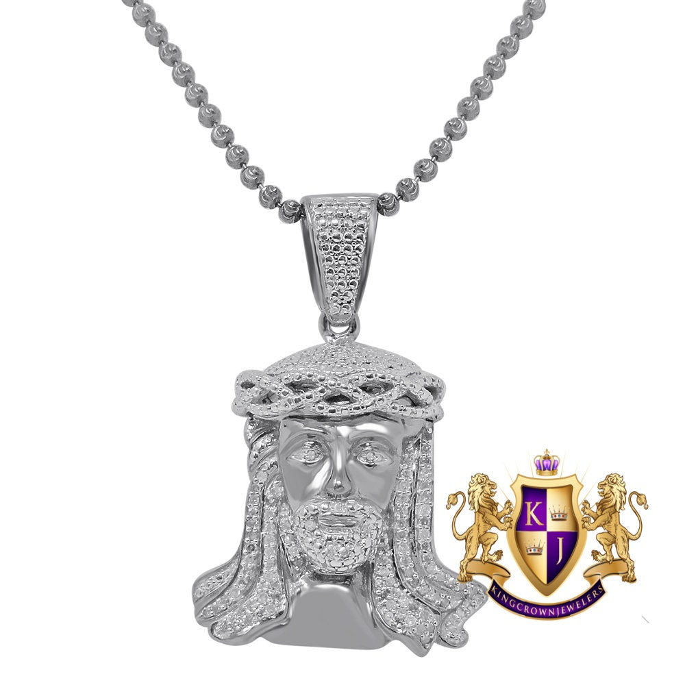 Real Genuine Authentic Diamonds Holy Jesus Face Piece Pendant 10K Gold Finish Mini Charm Chain Set