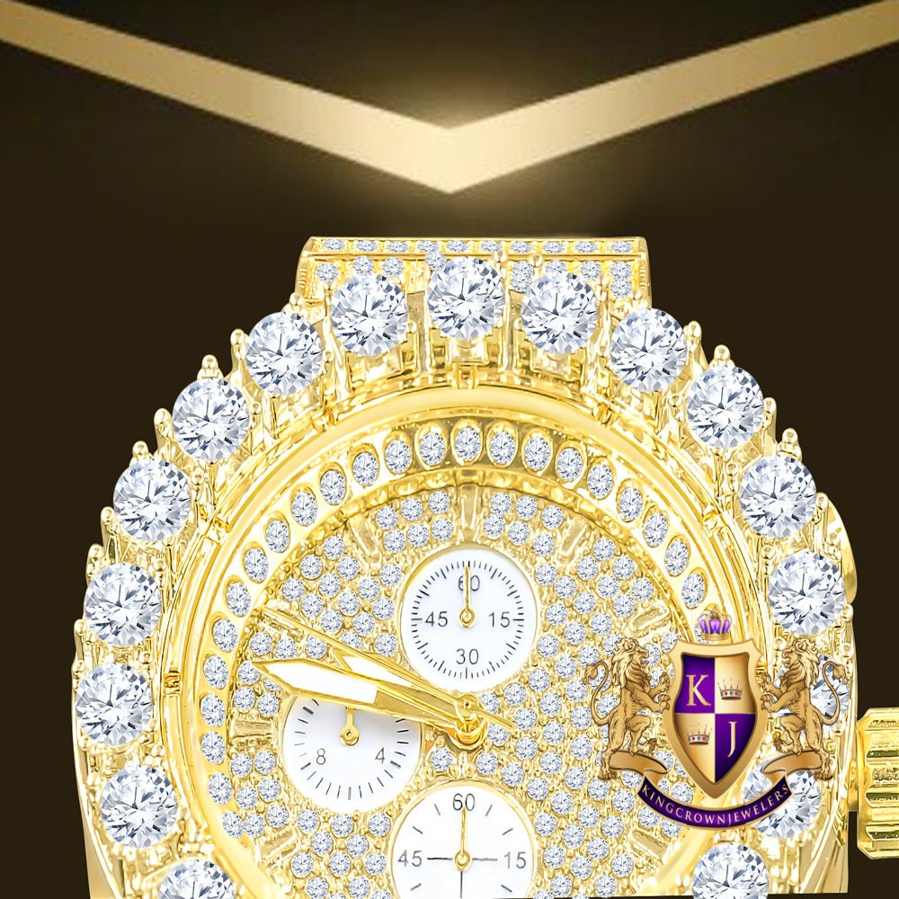 Men's 18K Yellow Gold Finish Solitaire Simulated Diamonds Stainless Steel Back Watch 44mm