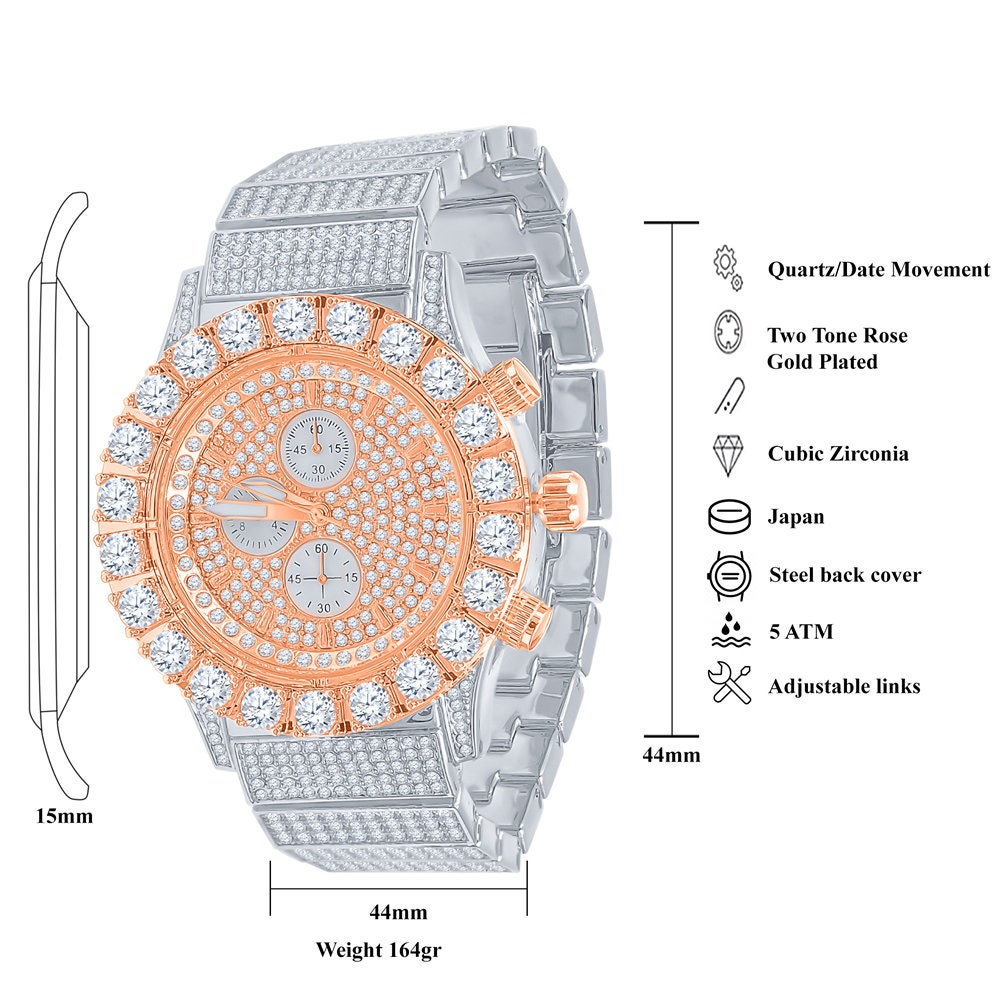 Men's 18K 2 Tone Rose Gold Finish Solitaire Simulated Diamonds Stainless Steel Back Watch 44mm