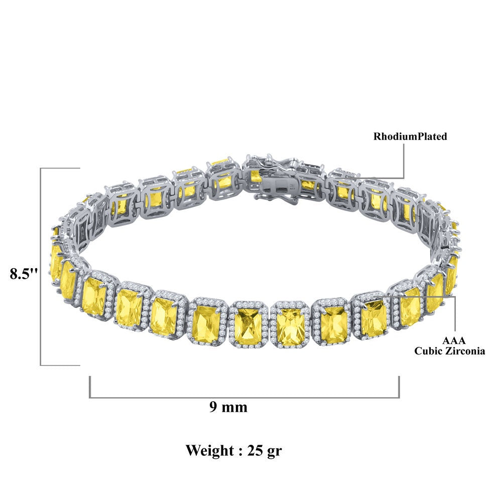 14K White Gold Finish Canary Citrine Simulated Diamonds Solitaire Mens Ladies Bracelet 10mm / 8.5 Inch