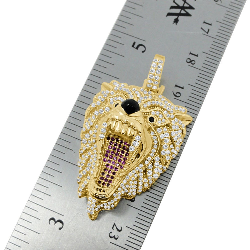 Men's Genuine Real sterling Silver 14K Gold Finish Simulated Diamonds Wild Wolf Snarling Animal Charm Pendent Chain Set 2.25''