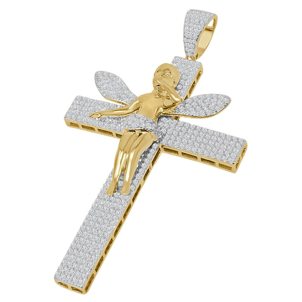 Custom Piece Big XL 3.75'' Real Yellow Gold Sterling Silver Simulated Diamond Angel Cross Pendent Charm